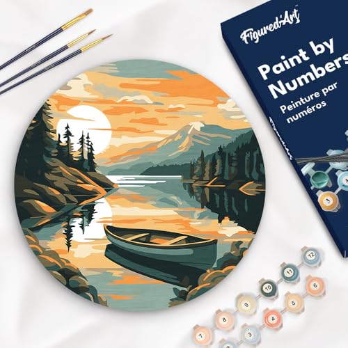 Figured'Art Malen nach Zahlen für Erwachsene auf einer Holzscheibe von 30 cm Durchmesser - Bergsee mit Kanu - Paint by Numbers Basteln DIY Bastelset von Figured'Art