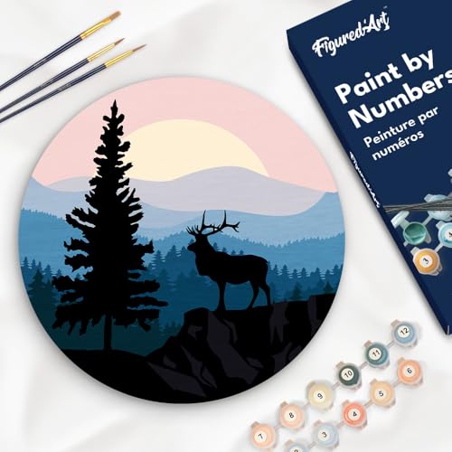 Figured'Art Malen nach Zahlen für Erwachsene auf einer Holzscheibe von 30 cm Durchmesser - Majestätischer Hirsch und Landschaft - Paint by Numbers Basteln DIY Bastelset von Figured'Art