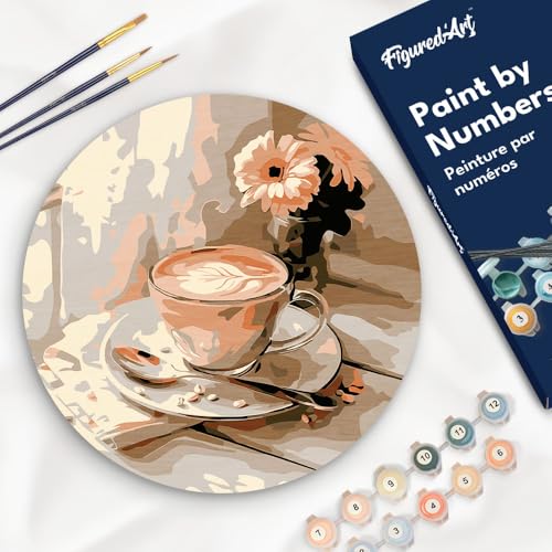 Figured'Art Malen nach Zahlen für Erwachsene auf einer Holzscheibe von 30 cm Durchmesser - Morgenkaffee - Paint by Numbers Basteln DIY Bastelset von Figured'Art