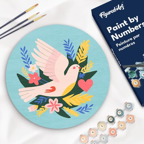 Figured'Art Malen nach Zahlen für Erwachsene auf einer Holzscheibe von 30 cm Durchmesser - Vogel und Blumen - Paint by Numbers Basteln DIY Bastelset von Figured'Art