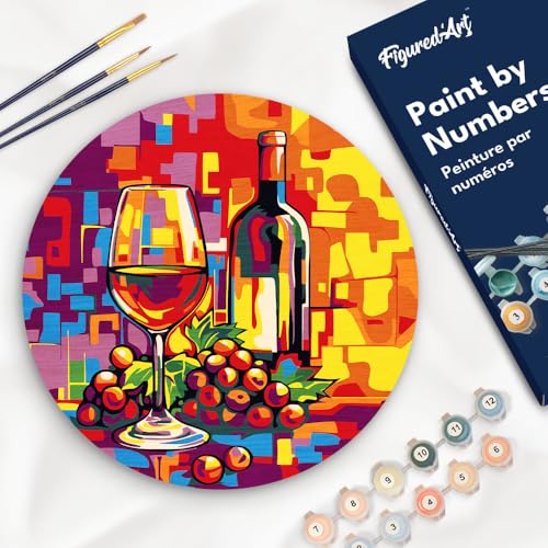 Figured'Art Malen nach Zahlen für Erwachsene auf einer Holzscheibe von 30 cm Durchmesser - Wein und Trauben - Paint by Numbers Basteln DIY Bastelset von Figured'Art