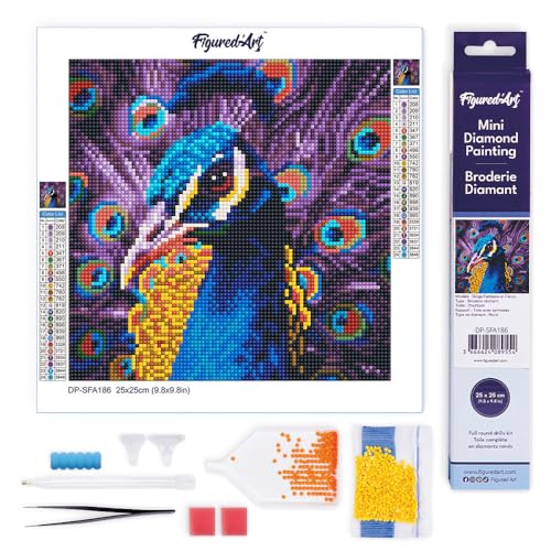 Figured'Art Mini Diamond Painting Erwachsene 25x25cm Ganze Leinwand gerollt Anmutiger Pfau 5D Bilder Runde Steine - DIY Set Basteln von Figured'Art