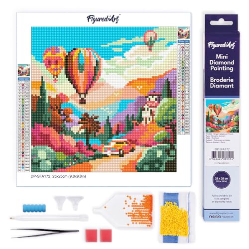 Figured'Art Mini Diamond Painting Erwachsene 25x25cm Ganze Leinwand gerollt Ballons über dem Tal 5D Bilder Runde Steine - DIY Set Basteln von Figured'Art