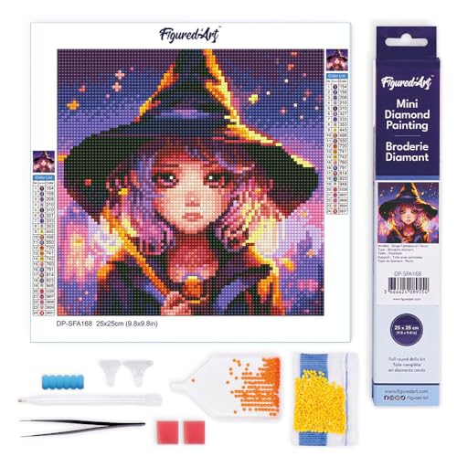 Figured'Art Mini Diamond Painting Erwachsene 25x25cm Ganze Leinwand gerollt Bezaubernde Kleine Hexe 5D Bilder Runde Steine - DIY Set Basteln von Figured'Art