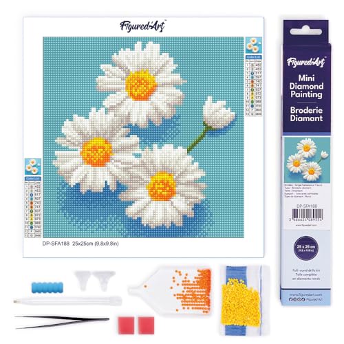 Figured'Art Mini Diamond Painting Erwachsene 25x25cm Ganze Leinwand gerollt Bezaubernde Weiße Gänseblümchen 5D Bilder Runde Steine - DIY Set Basteln von Figured'Art