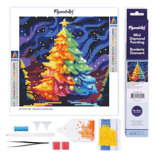 Figured'Art Mini Diamond Painting Erwachsene 25x25cm Ganze Leinwand gerollt Bunter Weihnachtsbaum 5D Bilder Runde Steine - DIY Set Basteln von Figured'Art