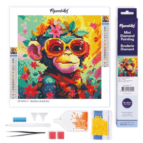 Figured'Art Mini Diamond Painting Erwachsene 25x25cm Ganze Leinwand gerollt Fantasie Affe mit Blumen 5D Bilder Runde Steine - DIY Set Basteln von Figured'Art