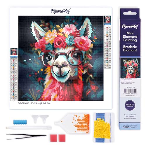 Figured'Art Mini Diamond Painting Erwachsene 25x25cm Ganze Leinwand gerollt Fantasie Lama mit Blumen 5D Bilder Runde Steine - DIY Set Basteln von Figured'Art