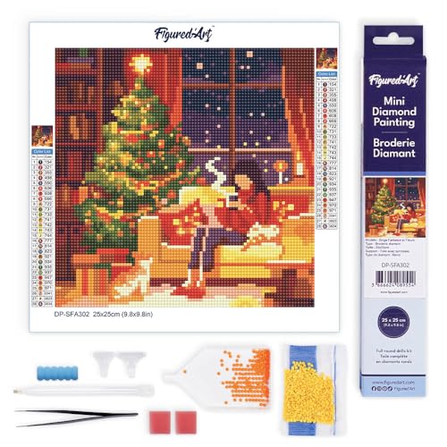 Figured'Art Mini Diamond Painting Erwachsene 25x25cm Ganze Leinwand gerollt Festlicher Rückzugsort am Abend 5D Bilder Runde Steine - DIY Set Basteln von Figured'Art