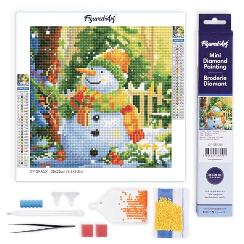 Figured'Art Mini Diamond Painting Erwachsene 25x25cm Ganze Leinwand gerollt Fröhlicher Schneemann 5D Bilder Runde Steine - DIY Set Basteln von Figured'Art