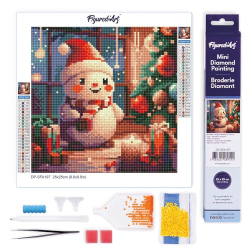 Figured'Art Mini Diamond Painting Erwachsene 25x25cm Ganze Leinwand gerollt Froher Schneemann im Raum 5D Bilder Runde Steine - DIY Set Basteln von Figured'Art