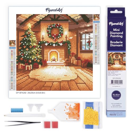 Figured'Art Mini Diamond Painting Erwachsene 25x25cm Ganze Leinwand gerollt Gemütliches Weihnachtszimmer 5D Bilder Runde Steine - DIY Set Basteln von Figured'Art