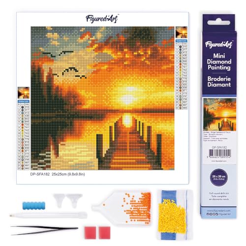 Figured'Art Mini Diamond Painting Erwachsene 25x25cm Ganze Leinwand gerollt Goldener Seesonnenuntergang 5D Bilder Runde Steine - DIY Set Basteln von Figured'Art