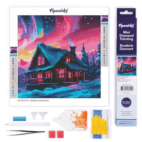 Figured'Art Mini Diamond Painting Erwachsene 25x25cm Ganze Leinwand gerollt Haus unter dem Nordlicht-Himmel 5D Bilder Runde Steine - DIY Set Basteln von Figured'Art