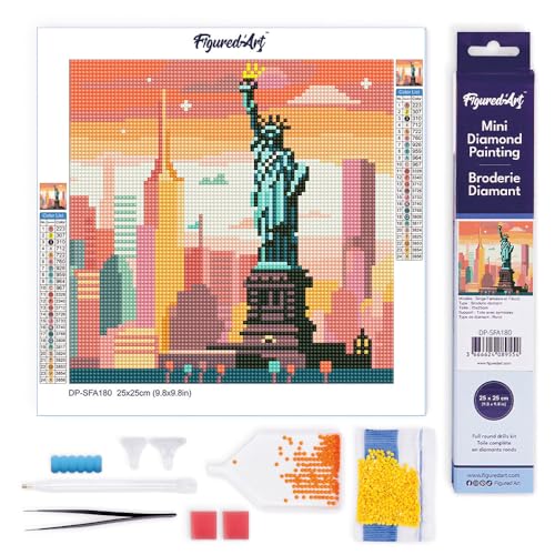 Figured'Art Mini Diamond Painting Erwachsene 25x25cm Ganze Leinwand gerollt Helle New Yorker Skyline 5D Bilder Runde Steine - DIY Set Basteln von Figured'Art