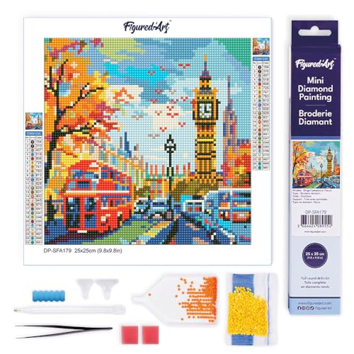 Figured'Art Mini Diamond Painting Erwachsene 25x25cm Ganze Leinwand gerollt Herbst in Londoner Stadt 5D Bilder Runde Steine - DIY Set Basteln von Figured'Art