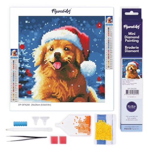 Figured'Art Mini Diamond Painting Erwachsene 25x25cm Ganze Leinwand gerollt Hund im Schnee zu Weihnachten 5D Bilder Runde Steine - DIY Set Basteln von Figured'Art