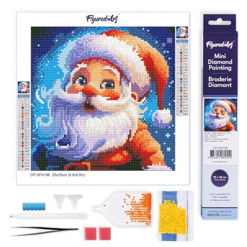 Figured'Art Mini Diamond Painting Erwachsene 25x25cm Ganze Leinwand gerollt Lächelnder Weihnachtsmann 5D Bilder Runde Steine - DIY Set Basteln von Figured'Art