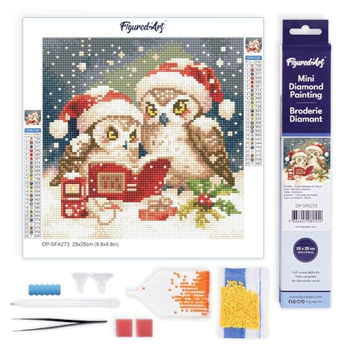 Figured'Art Mini Diamond Painting Erwachsene 25x25cm Ganze Leinwand gerollt Lesende Weihnachts-Eulen 5D Bilder Runde Steine - DIY Set Basteln von Figured'Art