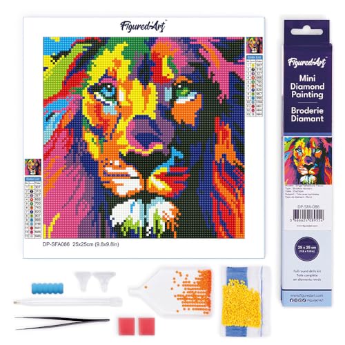 Figured'Art Mini Diamond Painting Erwachsene 25x25cm Ganze Leinwand gerollt Löwe Pop Art 5D Bilder Runde Steine - DIY Set Basteln von Figured'Art