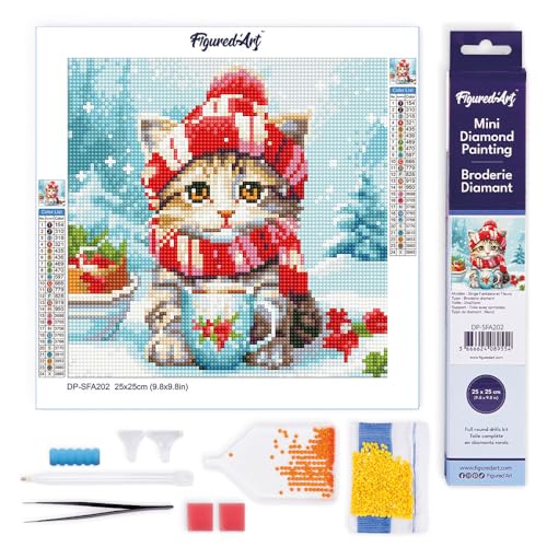 Figured'Art Mini Diamond Painting Erwachsene 25x25cm Ganze Leinwand gerollt Niedliche Katze mit rotem Schal 5D Bilder Runde Steine - DIY Set Basteln von Figured'Art