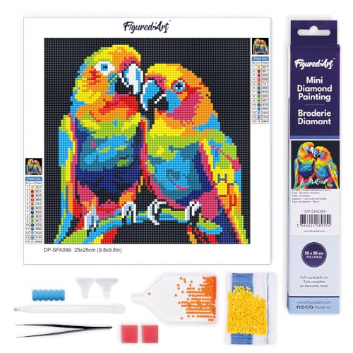 Figured'Art Mini Diamond Painting Erwachsene 25x25cm Ganze Leinwand gerollt Papageien Abstrakt Pop Art 5D Bilder Runde Steine - DIY Set Basteln von Figured'Art