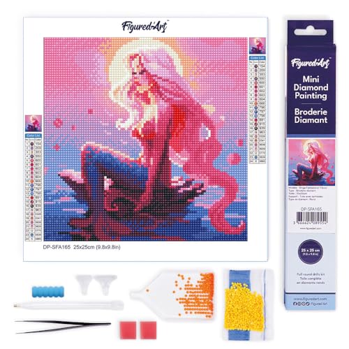 Figured'Art Mini Diamond Painting Erwachsene 25x25cm Ganze Leinwand gerollt Rosa Meerjungfrau 5D Bilder Runde Steine - DIY Set Basteln von Figured'Art