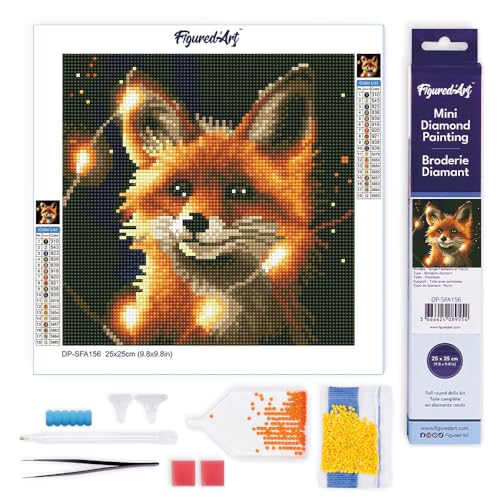 Figured'Art Mini Diamond Painting Erwachsene 25x25cm Ganze Leinwand gerollt Roter Fuchs und Licht 5D Bilder Runde Steine - DIY Set Basteln von Figured'Art