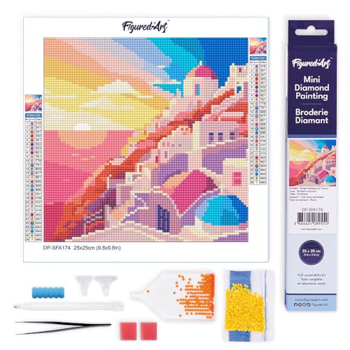 Figured'Art Mini Diamond Painting Erwachsene 25x25cm Ganze Leinwand gerollt Santorini Sonnenuntergang 5D Bilder Runde Steine - DIY Set Basteln von Figured'Art