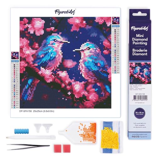 Figured'Art Mini Diamond Painting Erwachsene 25x25cm Ganze Leinwand gerollt Schimmernde Blaumeisen 5D Bilder Runde Steine - DIY Set Basteln von Figured'Art