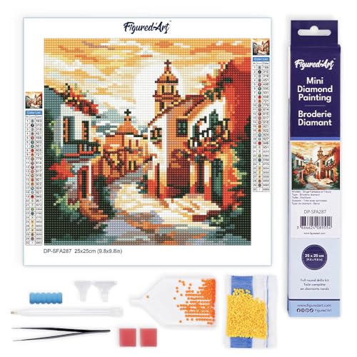 Figured'Art Mini Diamond Painting Erwachsene 25x25cm Ganze Leinwand gerollt Sonnige Dorfkirche 5D Bilder Runde Steine - DIY Set Basteln von Figured'Art