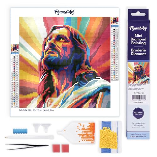 Figured'Art Mini Diamond Painting Erwachsene 25x25cm Ganze Leinwand gerollt Strahlender Jesus 5D Bilder Runde Steine - DIY Set Basteln von Figured'Art