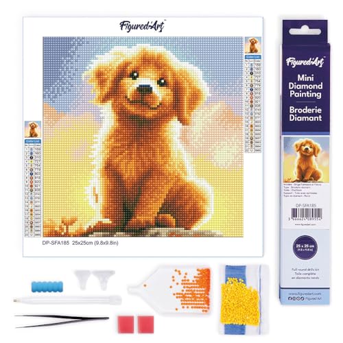 Figured'Art Mini Diamond Painting Erwachsene 25x25cm Ganze Leinwand gerollt Süßer Golden Retriever Welpe 5D Bilder Runde Steine - DIY Set Basteln von Figured'Art