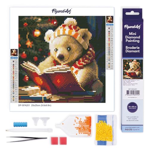 Figured'Art Mini Diamond Painting Erwachsene 25x25cm Ganze Leinwand gerollt Süßer lesender Bär 5D Bilder Runde Steine - DIY Set Basteln von Figured'Art