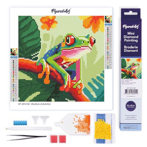 Figured'Art Mini Diamond Painting Erwachsene 25x25cm Ganze Leinwand gerollt Tropischer Rotaugen-Blattfrosch 5D Bilder Runde Steine - DIY Set Basteln von Figured'Art