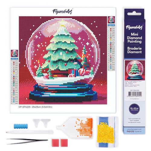 Figured'Art Mini Diamond Painting Erwachsene 25x25cm Ganze Leinwand gerollt Weihnachtsbaum in Schneekugel 5D Bilder Runde Steine - DIY Set Basteln von Figured'Art