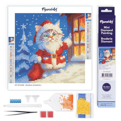 Figured'Art Mini Diamond Painting Erwachsene 25x25cm Ganze Leinwand gerollt Weihnachtskätzchen 5D Bilder Runde Steine - DIY Set Basteln von Figured'Art