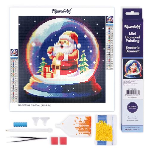 Figured'Art Mini Diamond Painting Erwachsene 25x25cm Ganze Leinwand gerollt Weihnachtsmann in Schneekugel 5D Bilder Runde Steine - DIY Set Basteln von Figured'Art