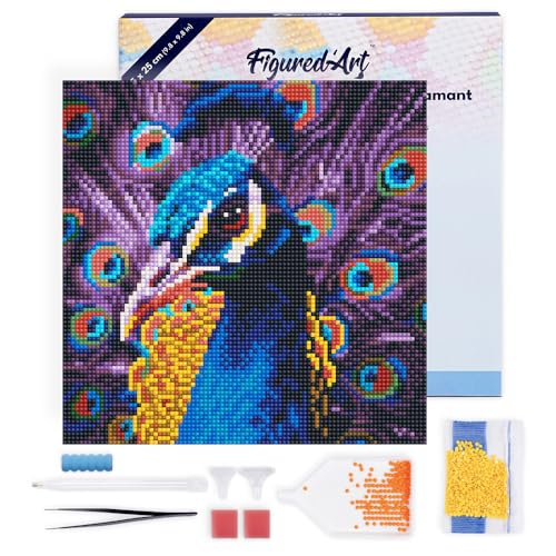 Figured'Art Mini Diamond Painting Erwachsene 25x25cm Mit Rahmen Ganze Leinwand gespannt Anmutiger Pfau 5D Bilder Runde Steine - DIY Set Basteln von Figured'Art