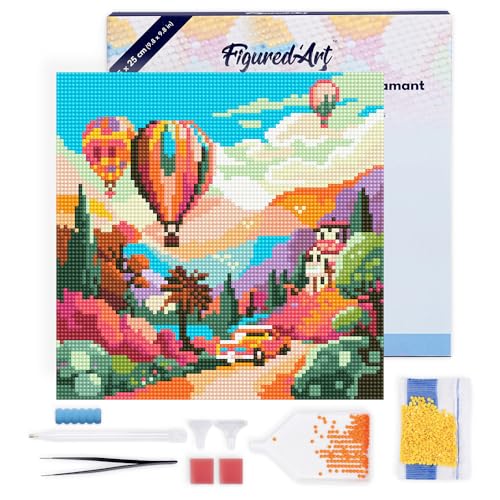 Figured'Art Mini Diamond Painting Erwachsene 25x25cm Mit Rahmen Ganze Leinwand gespannt Ballons über dem Tal 5D Bilder Runde Steine - DIY Set Basteln von Figured'Art