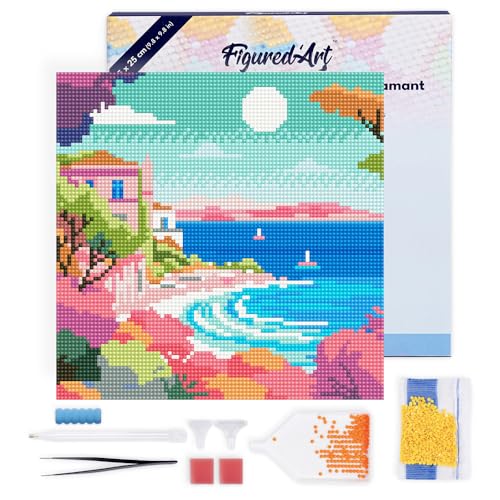 Figured'Art Mini Diamond Painting Erwachsene 25x25cm Mit Rahmen Ganze Leinwand gespannt Bunte Französische Riviera 5D Bilder Runde Steine - DIY Set Basteln von Figured'Art