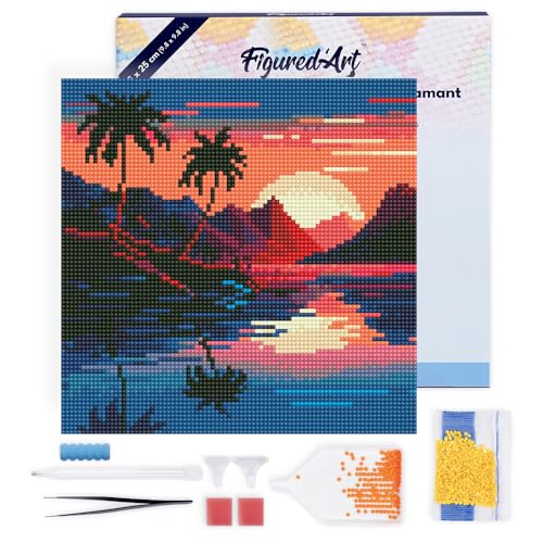 Figured'Art Mini Diamond Painting Erwachsene 25x25cm Mit Rahmen Ganze Leinwand gespannt Das Meer und der Sonnenuntergang 5D Bilder Runde Steine - DIY Set Basteln von Figured'Art