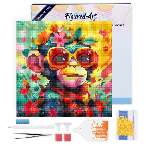 Figured'Art Mini Diamond Painting Erwachsene 25x25cm Mit Rahmen Ganze Leinwand gespannt Fantasie Affe mit Blumen 5D Bilder Runde Steine - DIY Set Basteln von Figured'Art