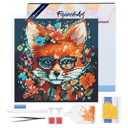 Figured'Art Mini Diamond Painting Erwachsene 25x25cm Mit Rahmen Ganze Leinwand gespannt Fantasie Fuchs mit Blumen 5D Bilder Runde Steine - DIY Set Basteln von Figured'Art