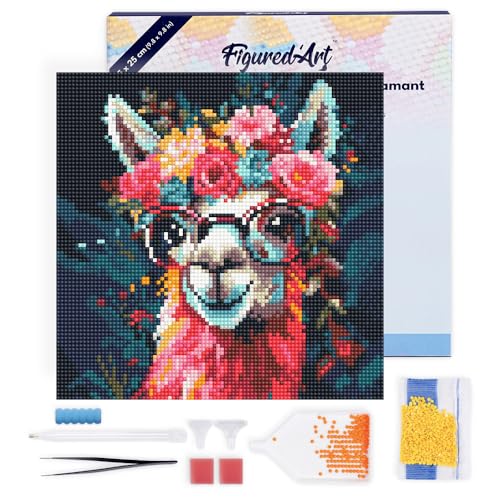 Figured'Art Mini Diamond Painting Erwachsene 25x25cm Mit Rahmen Ganze Leinwand gespannt Fantasie Lama mit Blumen 5D Bilder Runde Steine - DIY Set Basteln von Figured'Art