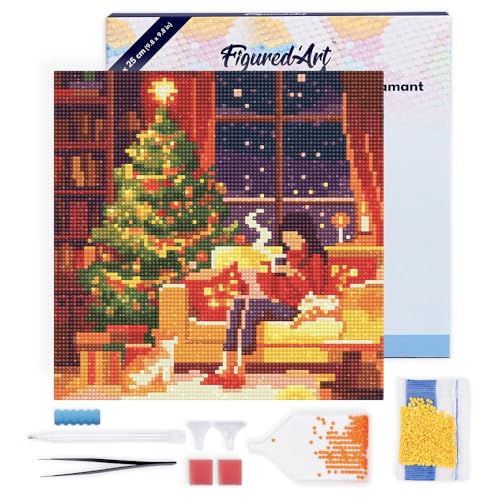 Figured'Art Mini Diamond Painting Erwachsene 25x25cm Mit Rahmen Ganze Leinwand gespannt Festlicher Rückzugsort am Abend 5D Bilder Runde Steine - DIY Set Basteln von Figured'Art