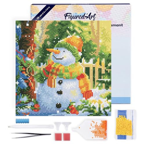 Figured'Art Mini Diamond Painting Erwachsene 25x25cm Mit Rahmen Ganze Leinwand gespannt Fröhlicher Schneemann 5D Bilder Runde Steine - DIY Set Basteln von Figured'Art