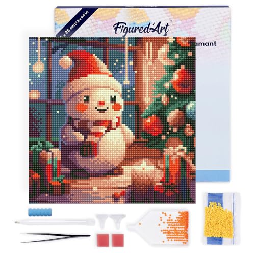 Figured'Art Mini Diamond Painting Erwachsene 25x25cm Mit Rahmen Ganze Leinwand gespannt Froher Schneemann im Raum 5D Bilder Runde Steine - DIY Set Basteln von Figured'Art