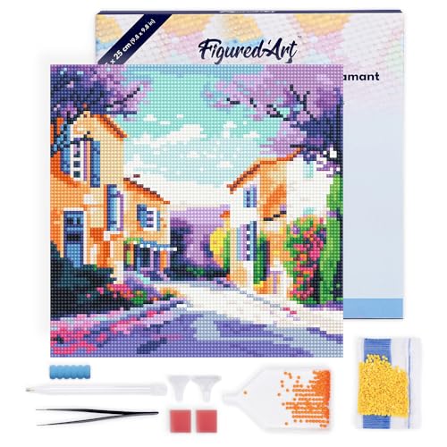 Figured'Art Mini Diamond Painting Erwachsene 25x25cm Mit Rahmen Ganze Leinwand gespannt Frühling in der Provence 5D Bilder Runde Steine - DIY Set Basteln von Figured'Art