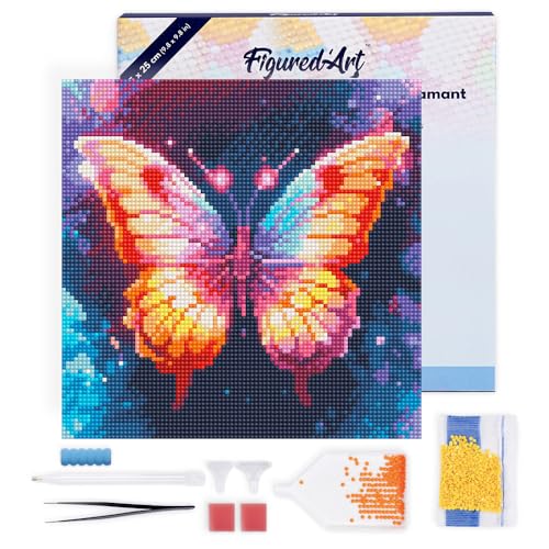 Figured'Art Mini Diamond Painting Erwachsene 25x25cm Mit Rahmen Ganze Leinwand gespannt Funkelnder Schmetterling 5D Bilder Runde Steine - DIY Set Basteln von Figured'Art